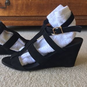 J.Crew Strappy Caged Black Suede Wedge Sandal Sz 9